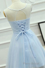 A Line Round Neck Lace Blue Short Formal Prom Dress, Short Blue Lace Formal Graduation Homecoming Dress