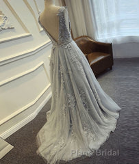 A Line Round Neck Lace Grey Formal Prom Dresses, Lace Grey Formal Dresses