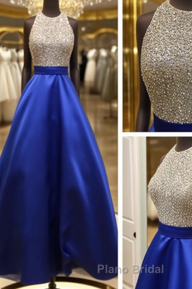 A Line Round Neck Sequins Backless Royal Blue Formal Prom Dresses, Royal Blue Formal Dresses, Backless Royal Blue Evening Dresses