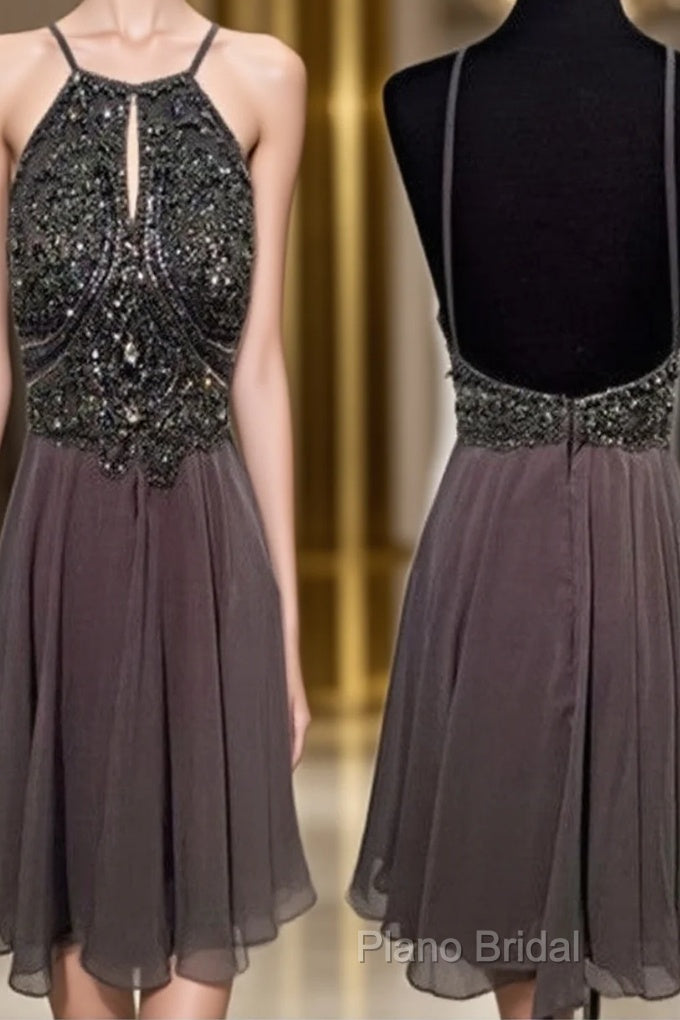 A Line Round Neck Short Grey Backless Formal Prom Dresses, Short Grey Backless Formal Dresses, Homecoming Dresses, Graduation Dresses Main image