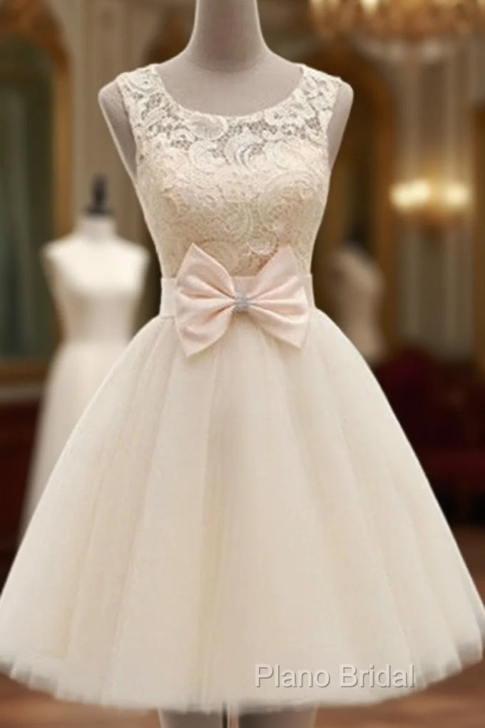 A Line Round Neck Short Ivory Lace Formal Prom Dresses, Short Champagne Lace Bridesmaid Dresses, Lace Homecoming Dresses, Lace Graduation Dresses