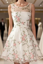 A Line Round Neck Short Lace Floral Formal Prom Dresses, Short Lace Floral Formal Homecoming Dresses