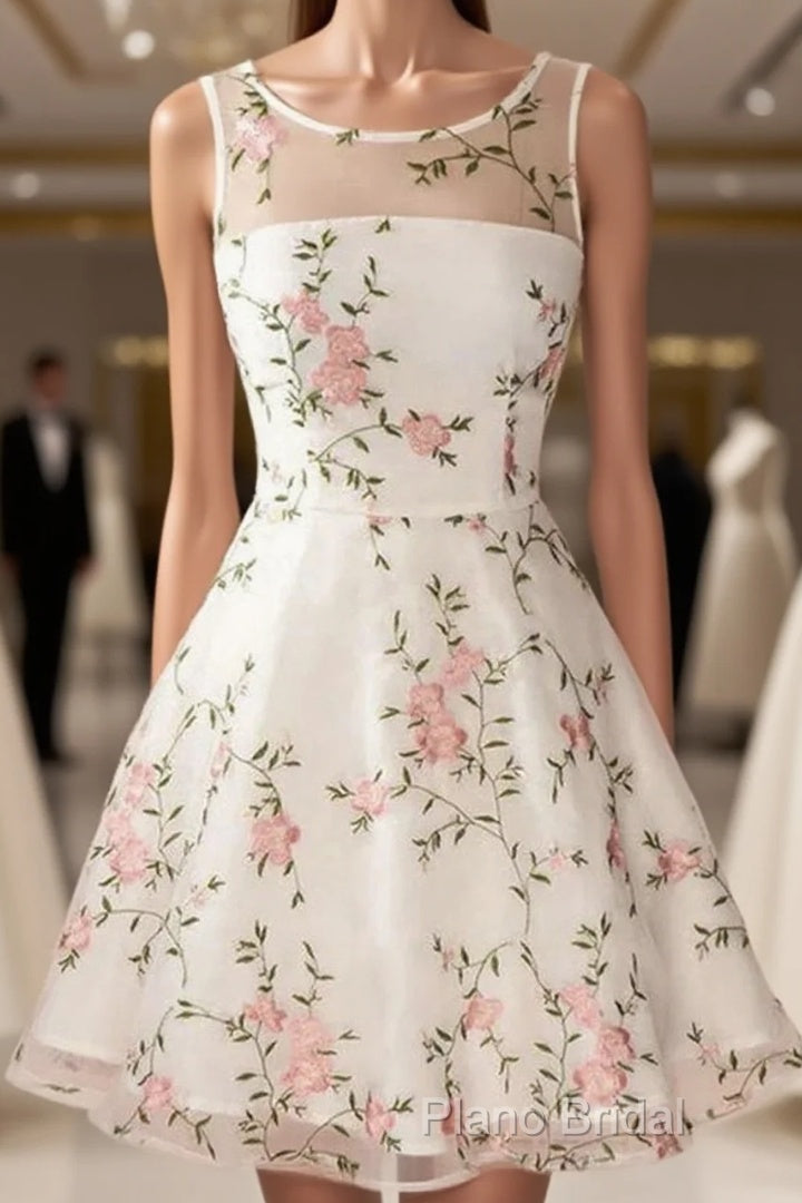 A Line Round Neck Short Lace Floral Formal Prom Dresses, Short Lace Floral Formal Homecoming Dresses