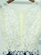 A Line Round Neck Short Lace Prom Dresses, Navy Blue Short Lace Formal Homecoming Dresses