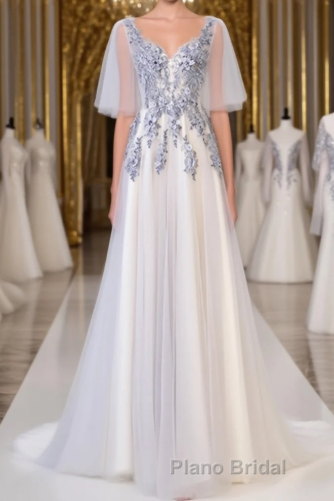 A Line Round Neck Short Sleeves Lace Formal Prom Dresses With Appliques, Lace Formal Dresses Main image