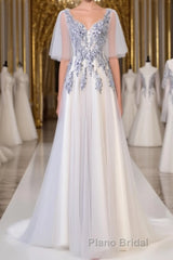 A Line Round Neck Short Sleeves Lace Formal Prom Dresses With Appliques, Lace Formal Dresses