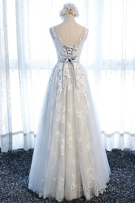 A Line Round Neck Sleeveless Lace Grey/Pink/Champagne Formal Prom Dresses, Lace Formal Dresses, Formal Dresses