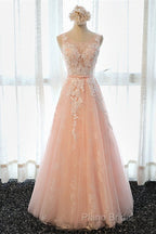 A Line Round Neck Sleeveless Lace Grey/Pink/Champagne Formal Prom Dresses, Lace Formal Dresses, Formal Dresses