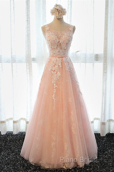 A Line Round Neck Sleeveless Lace Grey/Pink/Champagne Formal Prom Dresses, Lace Formal Dresses, Formal Dresses