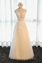 A Line Round Neck Sleeveless Lace Grey/Pink/Champagne Formal Prom Dresses, Lace Formal Dresses, Formal Dresses