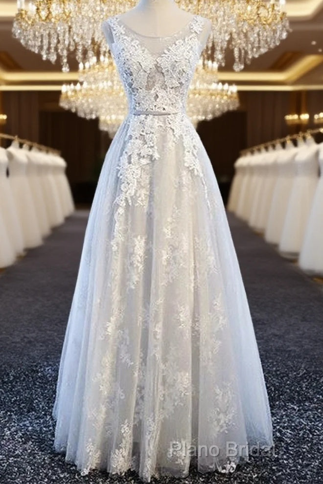 A Line Round Neck Sleeveless Lace Grey/Pink/Champagne Formal Prom Dresses, Lace Formal Dresses, Formal Dresses Main image