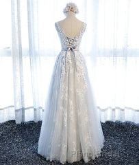 A Line Round Neck Sleeveless Lace Formal Prom Dresses, Lace Formal Dresses