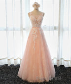A Line Round Neck Sleeveless Lace Formal Prom Dresses, Lace Formal Dresses