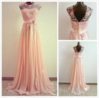 A-Line Round Neck Sweep Train Lace Coral Formal Prom Dresses, Formal Dresses, Lace Bridesmaid Dresses