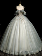 A-Line Round Neck Tulle Gray Blue Long Formal Prom Dresses, Tulle Sequin Lace Long Evening Dresses