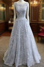 A-Line Round Neck Tulle Lace Long Gray Formal Prom Dresses, Bridesmaid Dresses