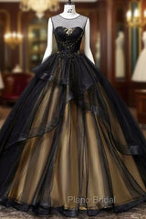 A-Line Round Neck Tulle Long Formal Prom Dresses, Elegant Evening Dresses