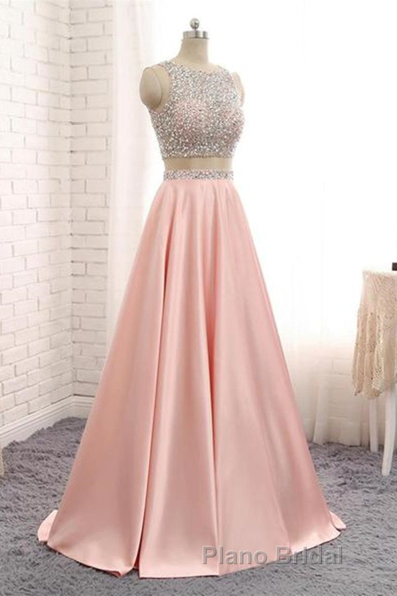 A Line Round Neck Two Pieces Beaded Pink Formal Prom Dresses, Two Pieces Pink Formal Dresses, Pink Evening Dresses Secondary image