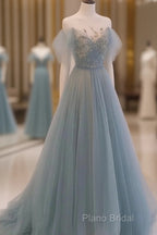 A-Line Round Neckline Blue Tulle With Lace Long Party Dresses, Tulle Formal Dresses Formal Prom Dresses