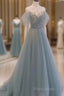 A-Line Round Neckline Blue Tulle With Lace Long Party Dresses, Tulle Formal Dresses Formal Prom Dresses