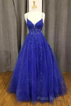 A-Line Royal Blue Formal Gown Long V-Neck Lace Formal Prom Dresses Applique