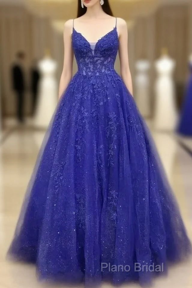 A-Line Royal Blue Formal Gown Long V-Neck Lace Formal Prom Dresses Applique Main image
