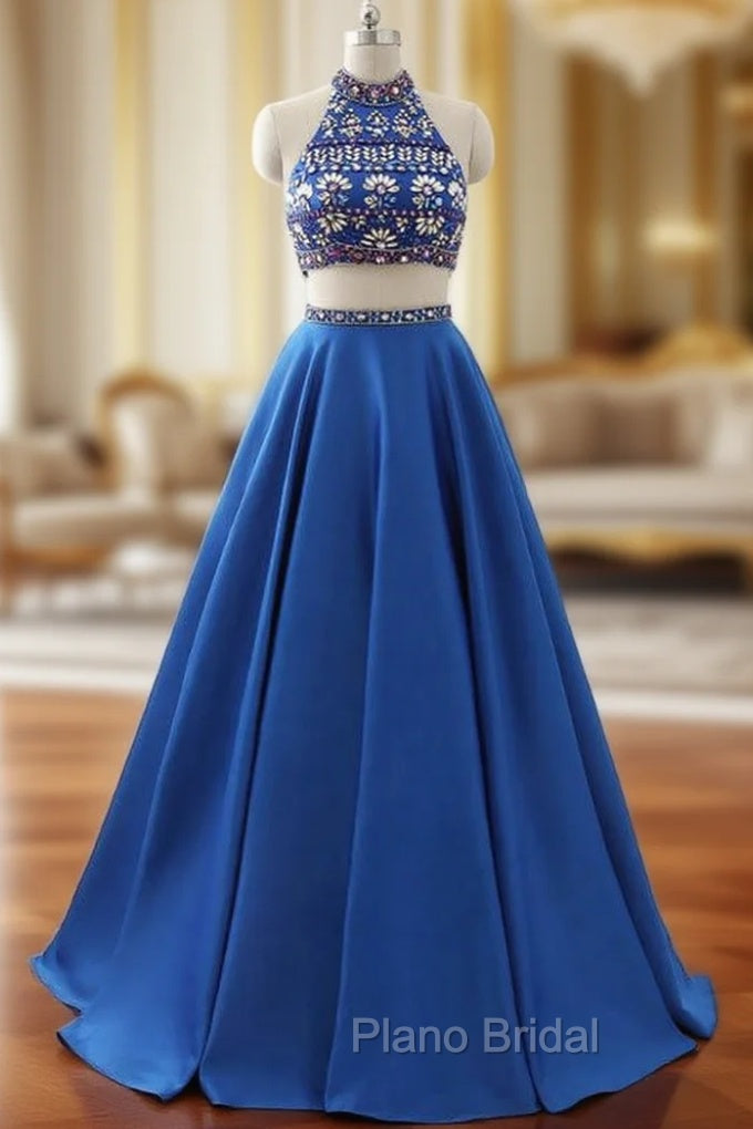A-Line Royal Blue Satin Two Piece Halter Backless Formal Prom Dresses With Crystal