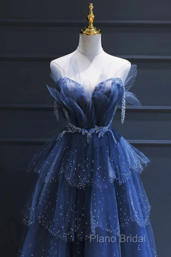 A Line Royal Blue Tulle Beaded Long Senior Formal Prom Dresses Secondary image