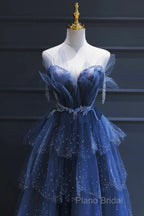 A Line Royal Blue Tulle Beaded Long Senior Formal Prom Dresses