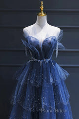 A Line Royal Blue Tulle Beaded Long Senior Formal Prom Dresses