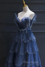 A Line Royal Blue Tulle Beaded Long Senior Formal Prom Dresses