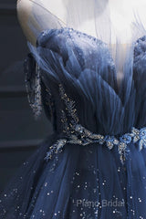 A Line Royal Blue Tulle Beaded Long Senior Formal Prom Dresses