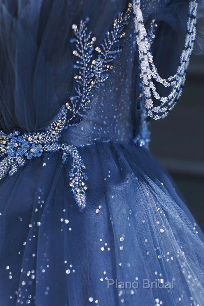 A Line Royal Blue Tulle Beaded Long Senior Formal Prom Dresses