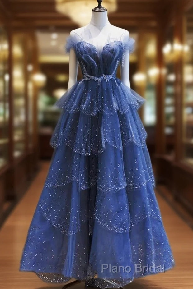 A Line Royal Blue Tulle Beaded Long Senior Formal Prom Dresses Main image