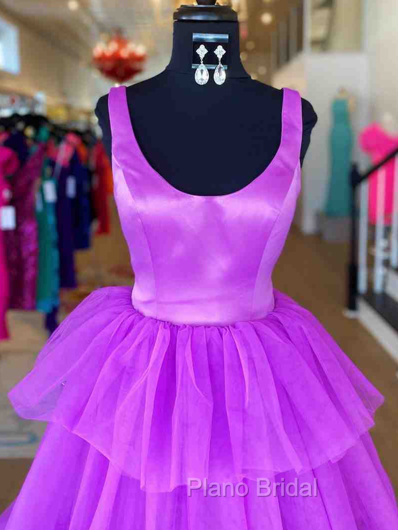 A Line Ruffles Purple Tulle Long Formal Prom Dresses