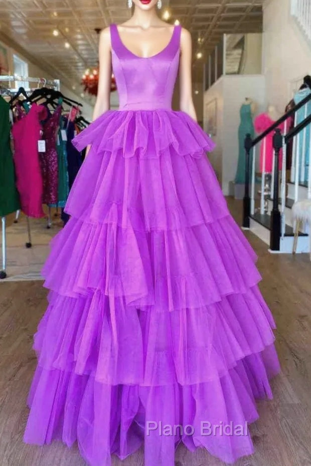 A Line Ruffles Purple Tulle Long Formal Prom Dresses Main image
