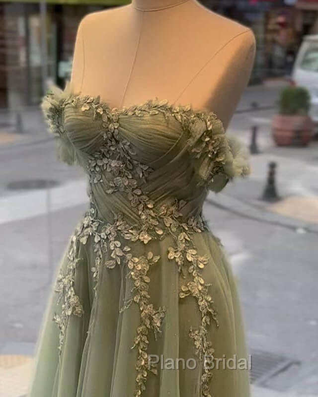 A-Line Sage Tulle Lace Appliques Dresses