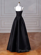 A-Line  Satin Black Long Formal Prom Dresses, Black Long Evening Dresses