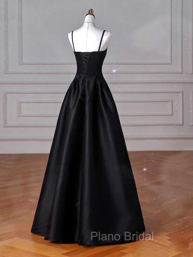 A-Line  Satin Black Long Formal Prom Dresses, Black Long Evening Dresses
