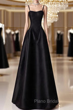 A-Line  Satin Black Long Formal Prom Dresses, Black Long Evening Dresses
