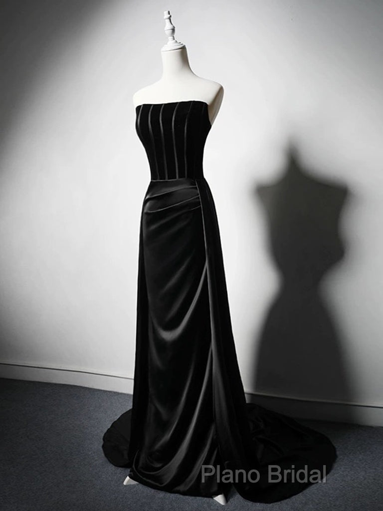 A-Line Satin Black Long Formal Prom Dresses, Black Long Formal Dresses