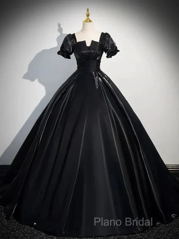 A-Line Satin Black Long Formal Prom Dresses Quinceanera Dresses Short Sleeves Formal Dresses