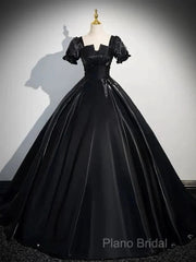 A-Line Satin Black Long Formal Prom Dresses Quinceanera Dresses Short Sleeves Formal Dresses