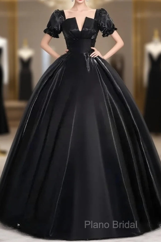 A-Line Satin Black Long Formal Prom Dresses Quinceanera Dresses Short Sleeves Formal Dresses Main image