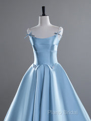 A-Line Satin Blue Long Formal Prom Dresses, Blue Long Formal Dresses