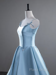 A-Line Satin Blue Long Formal Prom Dresses, Blue Long Formal Dresses
