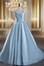A-Line Satin Blue Long Formal Prom Dresses, Blue Long Formal Dresses