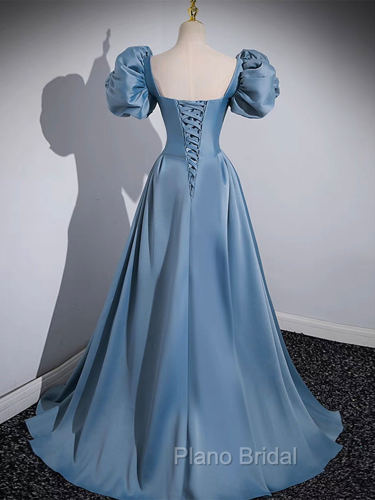 A-Line Satin Blue Long Formal Prom Dresses, Blue Long Formal Dresses