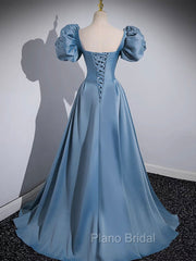 A-Line Satin Blue Long Formal Prom Dresses, Blue Long Formal Dresses