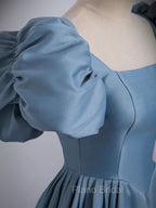 A-Line Satin Blue Long Formal Prom Dresses, Blue Long Formal Dresses